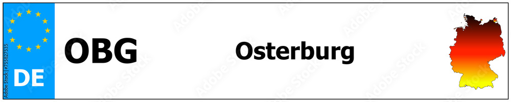 Osterburg car licence plate sticker name and map of Germany. Vehicle registration plates frames German number