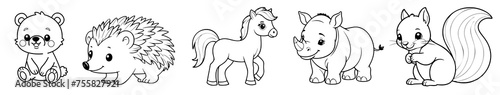 Cute forest animals bear, squirrel, horse, rhino and hedgehog drawn with simple lines for kids coloring book pages isolated on white background