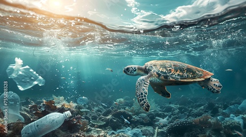Underwater Peril: A Turtle Amidst Marine Pollution © Xistudio