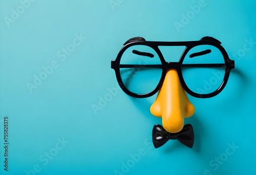 Happy april fool's day and funny pranks concept with a pair of comical glasses with bushy eyebrows and thick mustache isolated on blue background with copy space photo