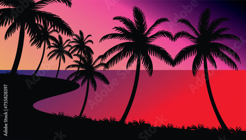 Fototapeta Naklejka Na Ścianę i Meble -  Cartoon flat panoramic landscape, sunset with the palms on colourful background.