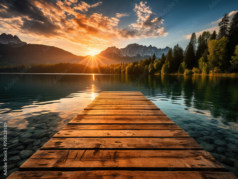 A sunset over a lake with mountains in the background - obrazy, fototapety, plakaty 