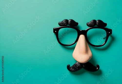 Happy april fool's day and funny pranks concept with a pair of comical glasses with bushy eyebrows and thick mustache isolated on blue background with copy space photo