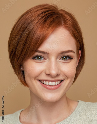 Woman of. 22 years old, giving a beautiful smile, short hair, redhead, beautiful, model in the photo, perfect