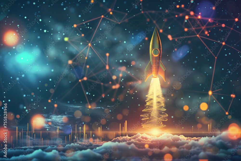 Rocket launching over a digital Bitcoin landscape