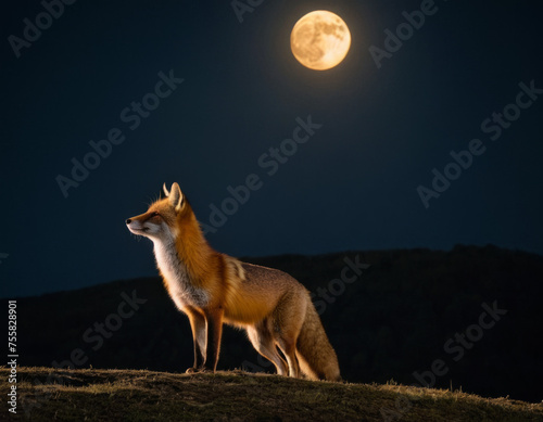 fox barking at moon. back lighting. rule of thirds