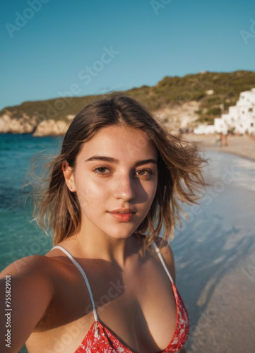 young girl on the beach takes a selfie and smiles