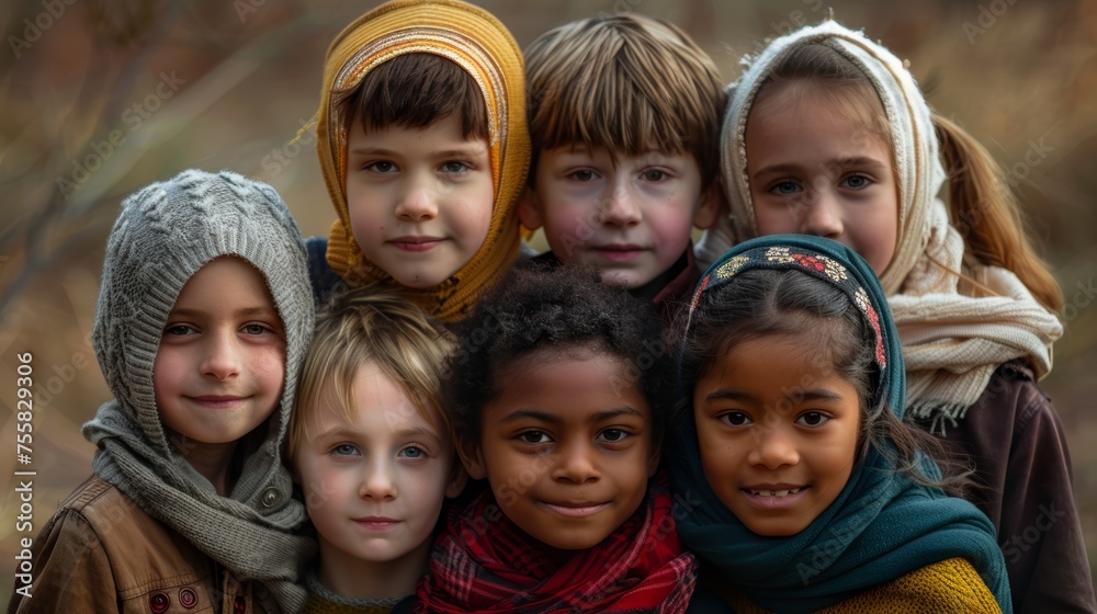 Diverse group of children in autumn attire, close-up portrait. Concept of friendship and diversity in fall season. Outdoor shot for educational and social themes
