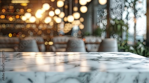 top table with bokeh light blur in a restaurant, featuring a marble empty table in front of a blurred background