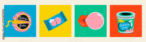 Bubble gum set. Set of four isolated Hand drawn modern vector illustrations.Various gum package set candies in roll, balls, pillows, sticks. Lips with pop ballon. 