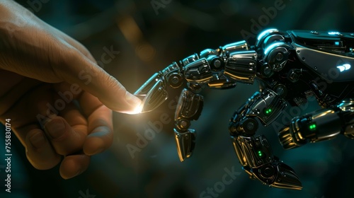 Human hand touching a robotic hand with a light glow. Conceptual studio shot with dark background. Human-robot interaction and future technology concept.