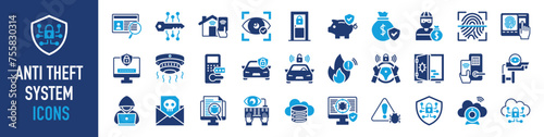 Anti theft system icons set. Such as hack, terrorist, password, detective, security room, malware, intercom, identity protection, alarm, lock, emergence, footsteps, cloud, cyber and more vector icon