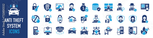 Anti theft system icons set. Such as hack, terrorist, password, detective, security room, malware, intercom, identity protection, alarm, lock, emergence, footsteps, cloud, cyber and more vector icon
