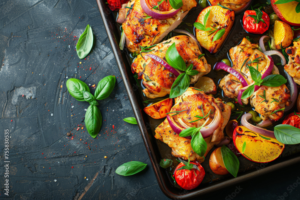 Hawaiian inspired sheet pan chicken with pineapple, dark background, Exotic culinary, beach-inspired cuisine, for banner, menu Hawaiian inspired sheet pan chicken with pineapple, dark background, Exotic culinary, beach-inspired cuisine, for banner, menu