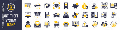 Anti theft system icons set. Such as hack, terrorist, password, detective, security room, malware, intercom, identity protection, alarm, lock, emergence, footsteps, cloud, cyber and more vector icon
