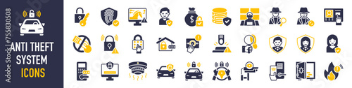 Anti theft system icons set. Such as hack, terrorist, password, detective, security room, malware, intercom, identity protection, alarm, lock, emergence, footsteps, cloud, cyber and more vector icon