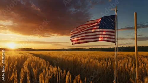 American Flag Waving in Golden Field at Sunset.An American flag waves proudly in a blooming golden field with a vibrant sunset in the background, symbolizing hope and freedom photo