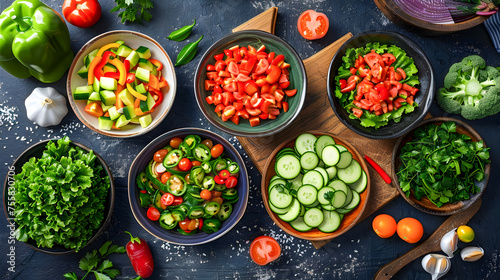 A table full of bowls of vegetables including tomatoes, cucumbers, and broccoli