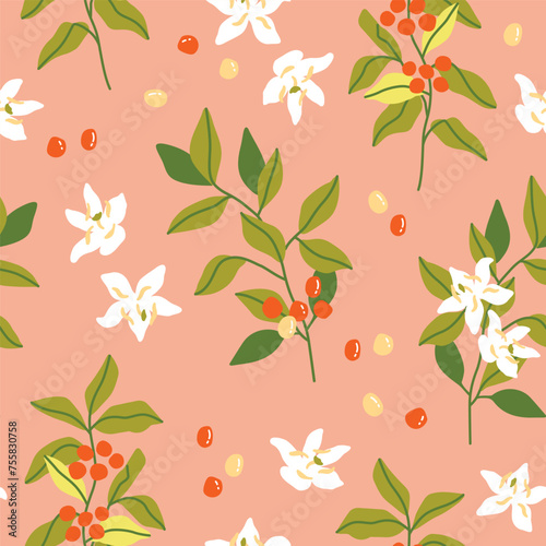 Vector hand painted cafe tasty specialty coffee plant  leaves  berries and flowers illustration. Cute flat simple hand drawn seamless pattern  wallpaper background  wrapping paper