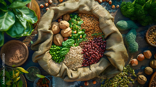 A bag of mixed nuts and beans is on a table with other food items photo