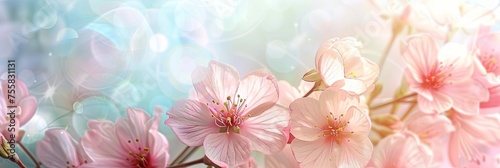 Mother s Day abstract pink color background decorated with pink flowers. Banner with copy space