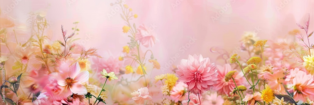 Mother's Day abstract pink color background decorated with pink flowers. Banner with copy space