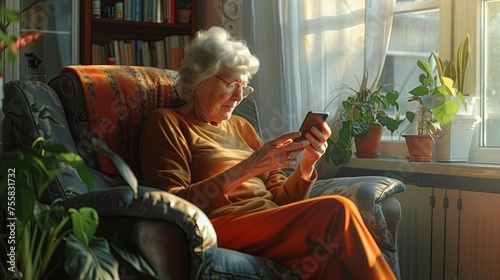 Elderly woman using smartphone on sofa in living room. © jirayut