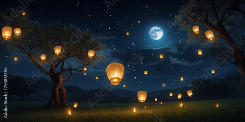 full moon night sky with the peacful lanterns photo