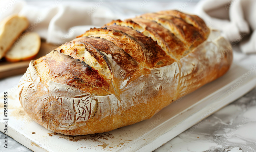 Homemade Bread Loaf on White Wooden Table: Freshly Baked Organic Delight.