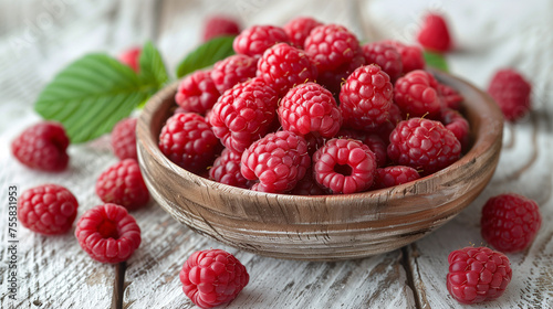 White Rustic Bowl of Fresh Vibrant Pink Raspberries, Nutritious Organic Superfood on White Wooden Table.