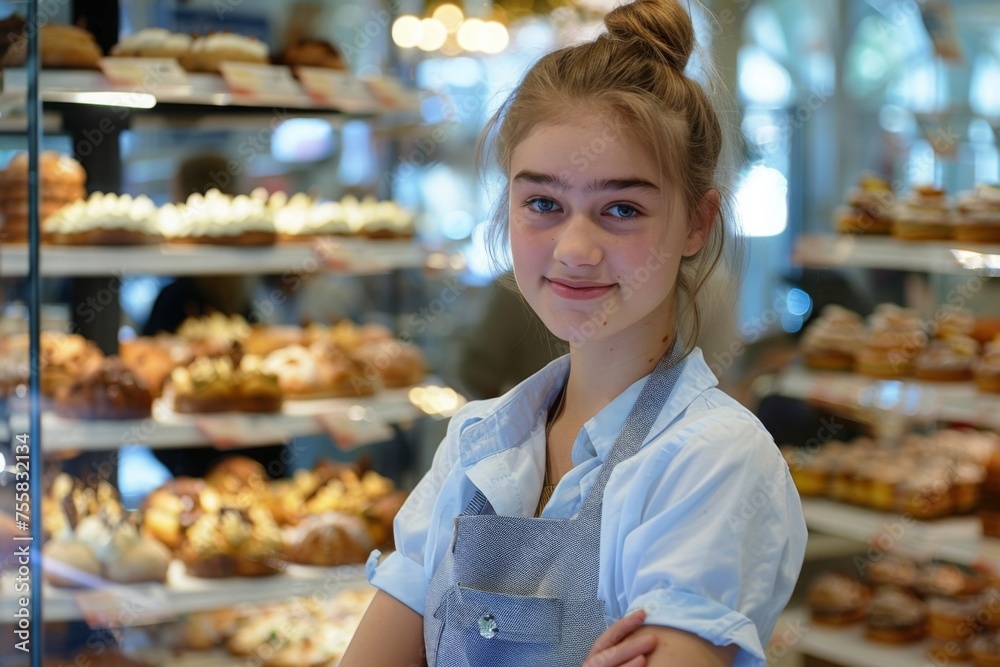 Portrait of confident young supermarket clerk standing At counter. Grocery store. Business. shopping concept