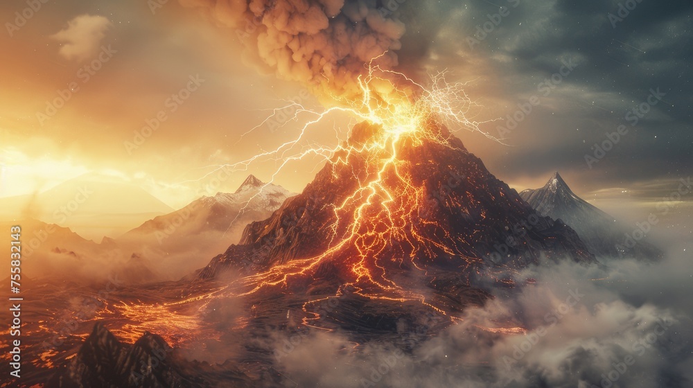 lightning erupting from a volcano with smoke and a hazy sky