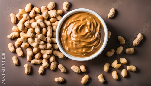Peanut butter in bowl and peanuts
