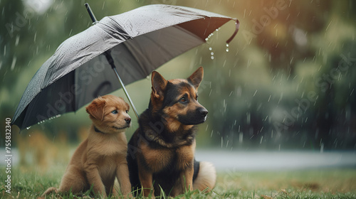 Cute cat and dog sitting under umbrella. Pet insurance, protection and wellness idea. generative ai  photo