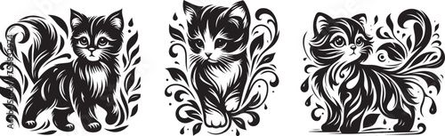 cats adorned with vegetation and leaves, magical decorated vectors, black vector graphic