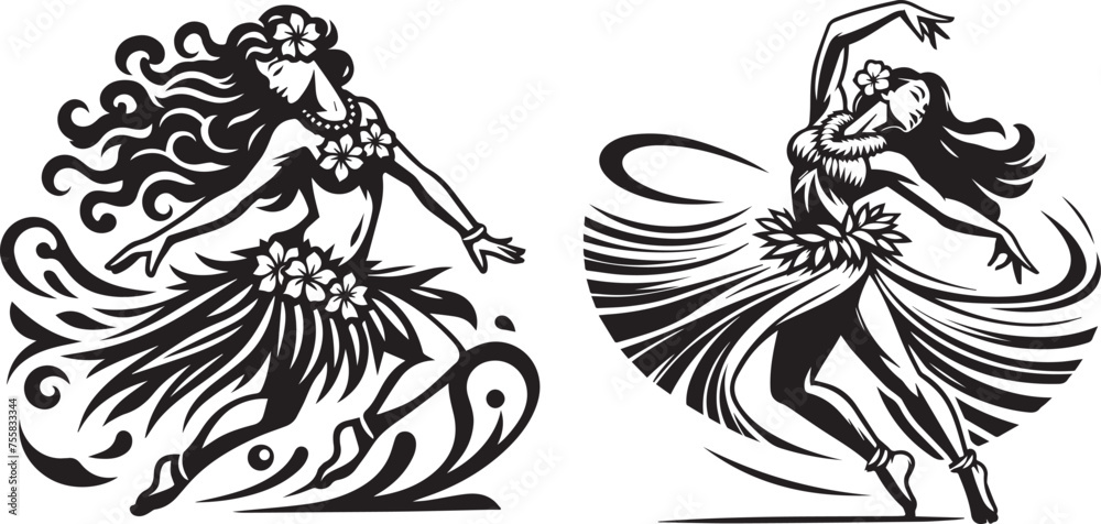 composition of three Hawaiian hula dancers, black vector graphic - obrazy, fototapety, plakaty 