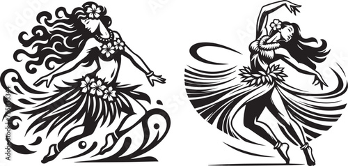 composition of three Hawaiian hula dancers, black vector graphic photo