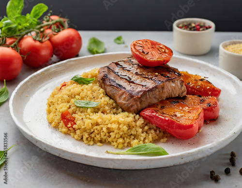 Steak with couscous, tomatoes and basil on a plate