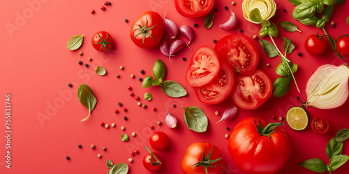 Fresh tomatoes, vegetables and basil herbs colorful organic food background. Concept: restaurant website or menu, grocery store, farmers market, healthy vegan diet based on vegetables and fruits.