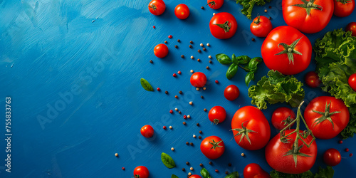 Fresh tomatoes, vegetables and basil herbs colorful organic food background. Concept: restaurant website or menu, grocery store, farmers market, healthy vegan. Blue and red colors.