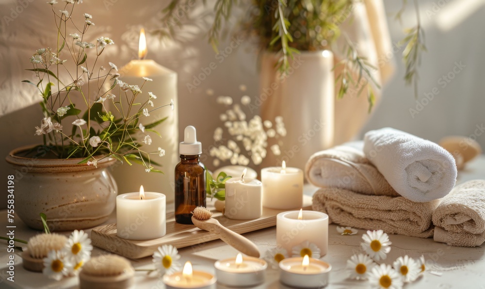 Table decorated with high-quality skin care products, massage oils and herbal infusions
