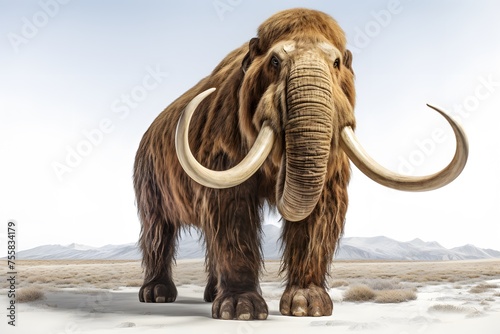 a mammoth with tusks standing in the snow