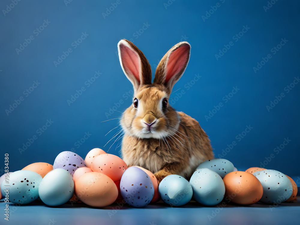 Easter bunny rabbit with painted egg on blue background. For the religious holiday of spring. generative ai Easter bunny rabbit with painted egg on blue background. For the religious holiday of spring. generative ai