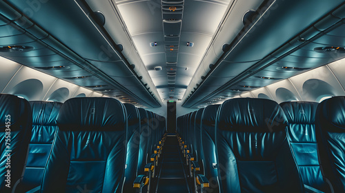 Empty airplane interior with leather seats. Travel and transport concept. Design for airline service advertisement, travel agency brochure, and aircraft seating promotion