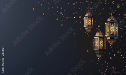 A Beautiful Dark Background with Ornate Lantern and Foliage for Eid Mubarak Promotion
