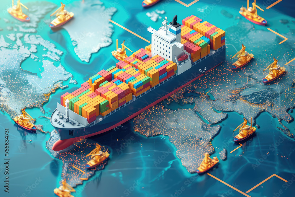 A 3D graphic of a cargo ship loaded with colorful containers navigates across a stylized map, representing global trade routes and maritime logistics. - obrazy, fototapety, plakaty 