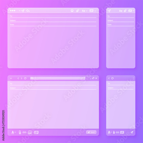 Transparent Email interface. Webmail mobile and desktop client app layout, new message form window vector UI template set