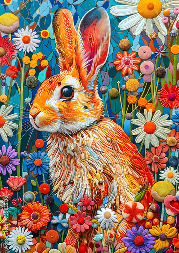 Artwork features a rabbit surrounded by an enchanted garden filled with vibrant  whimsical flowers