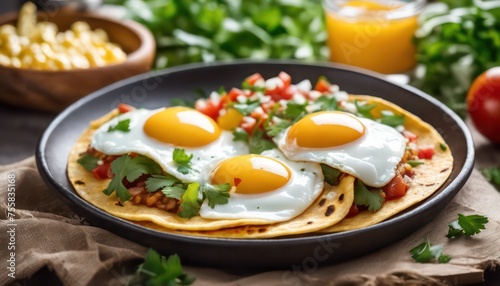 Sunny side up eggs on corn tortilla with salsa