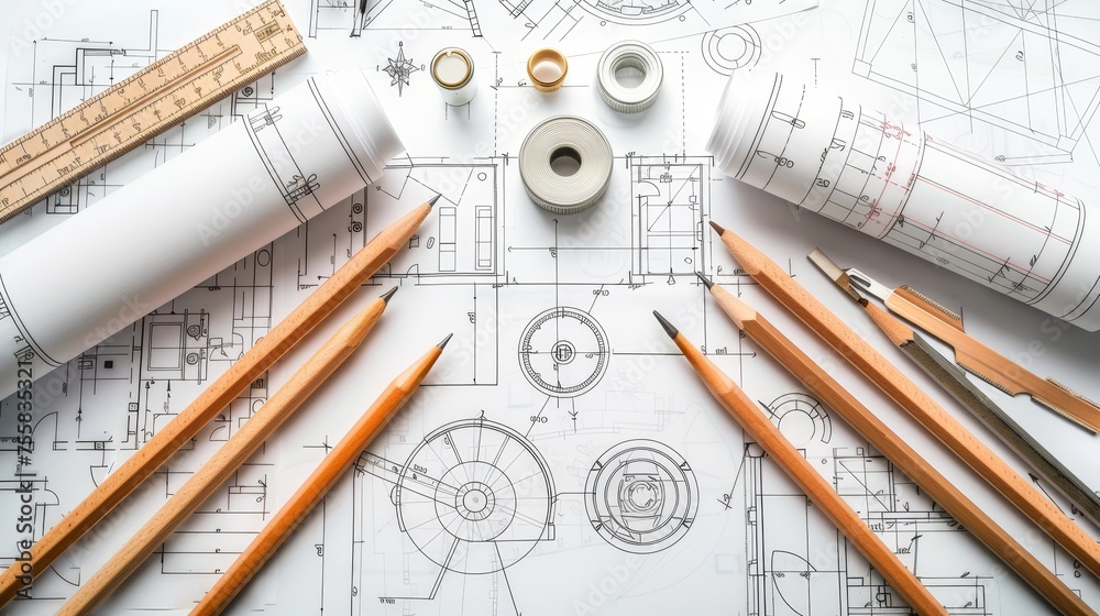 Architectural blueprint and technical project drawing on architect s desk for construction planning